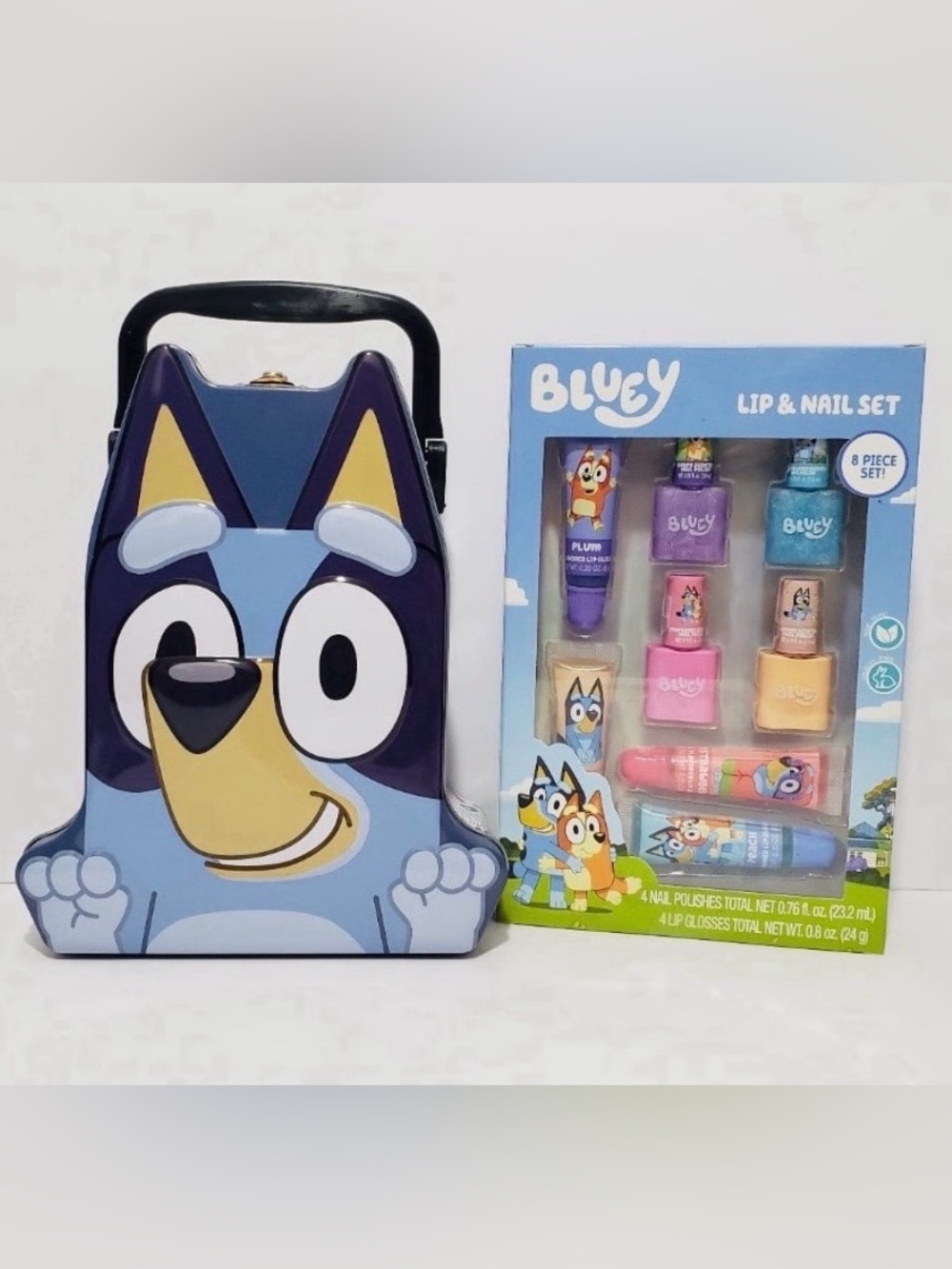 🆕 Bluey Head Shaped Tin Box And Bluey Lip Gloss & Nail Polish 8 Piece Set